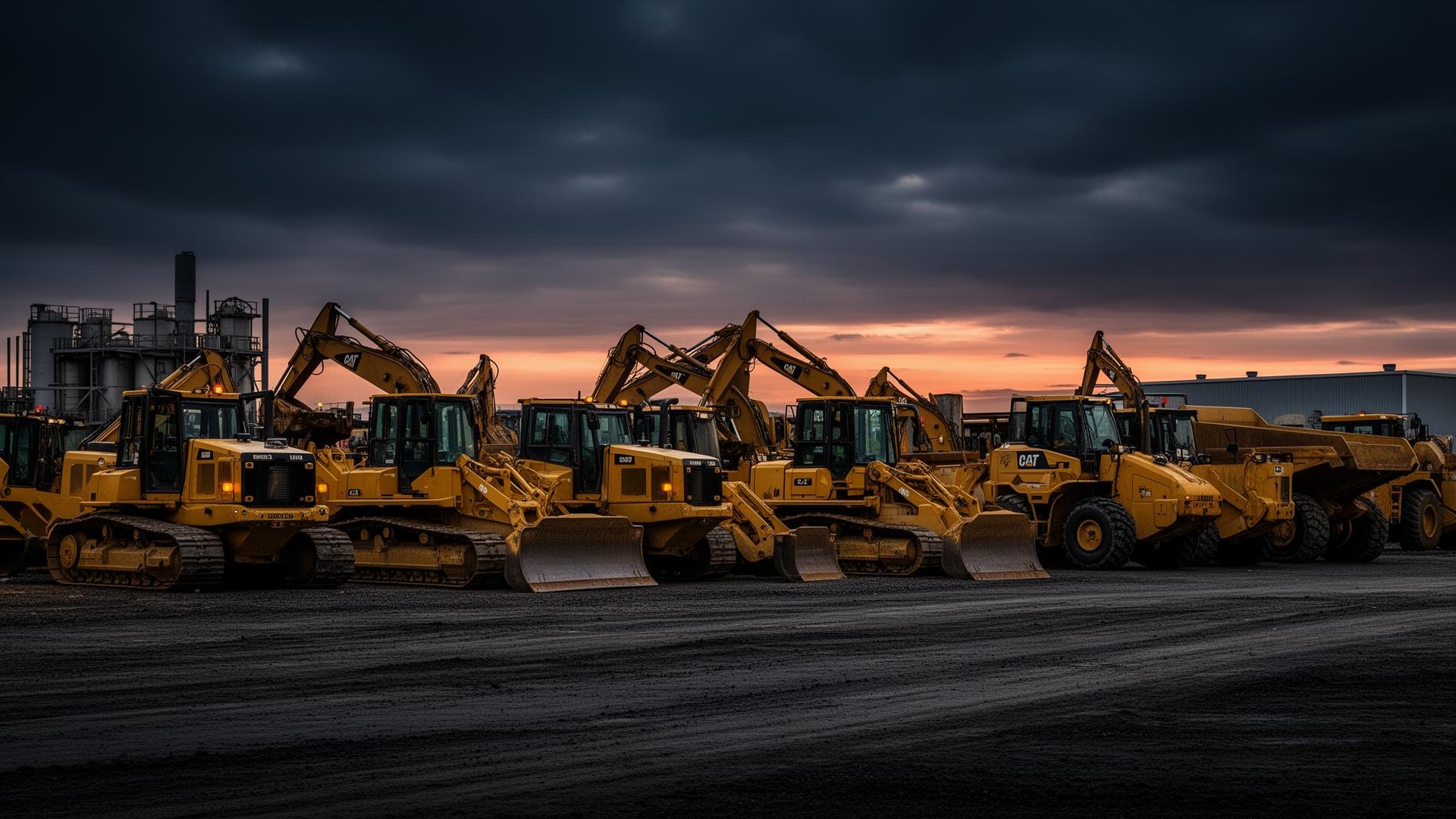 Heavy equipment fleet at dusk