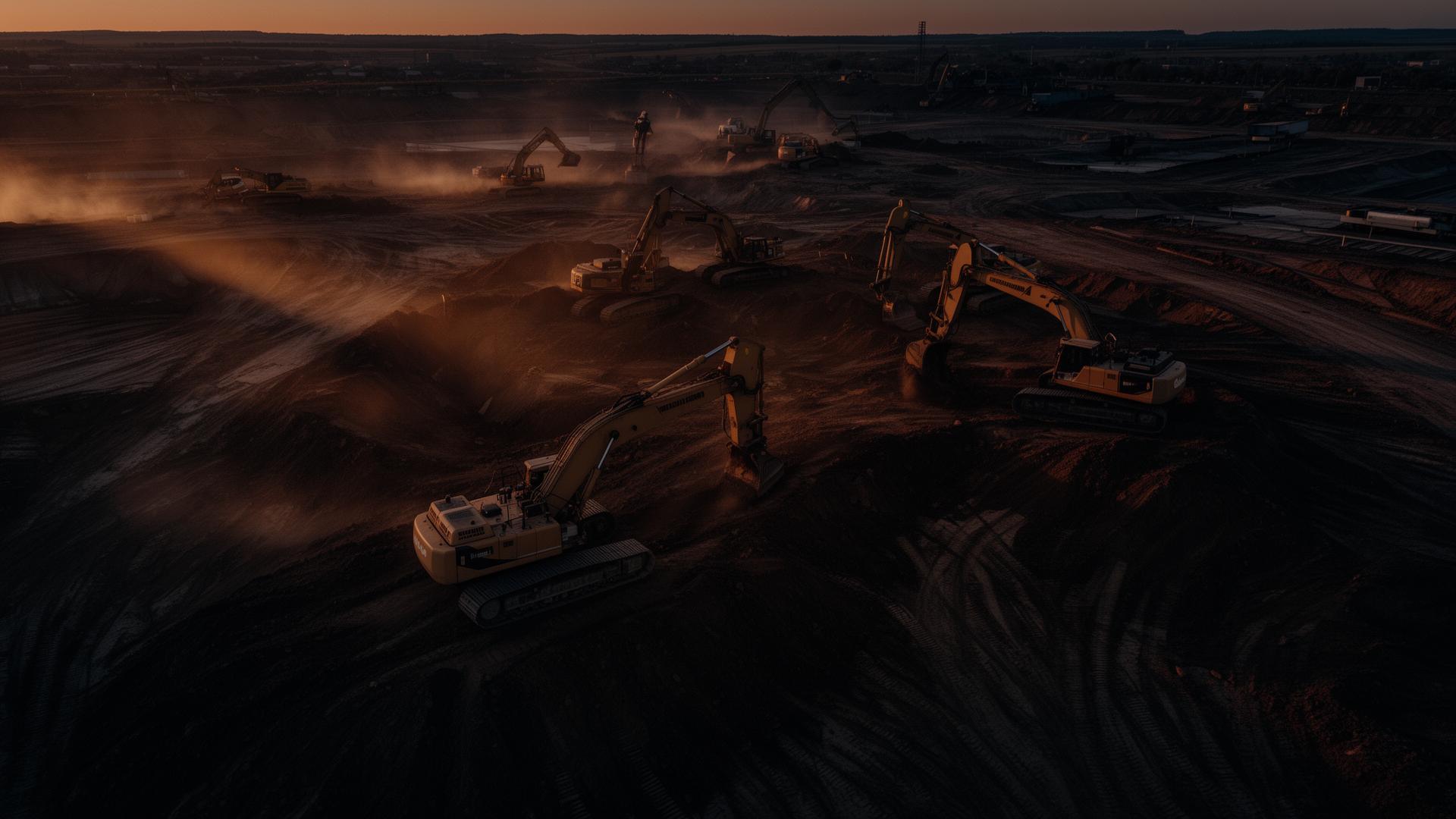 Aerial view of large earthwork construction site at dusk